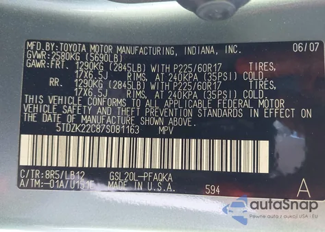 2007 Toyota Sienna Xle from USA, damaged, VIN 5TDZK22C87S081163
